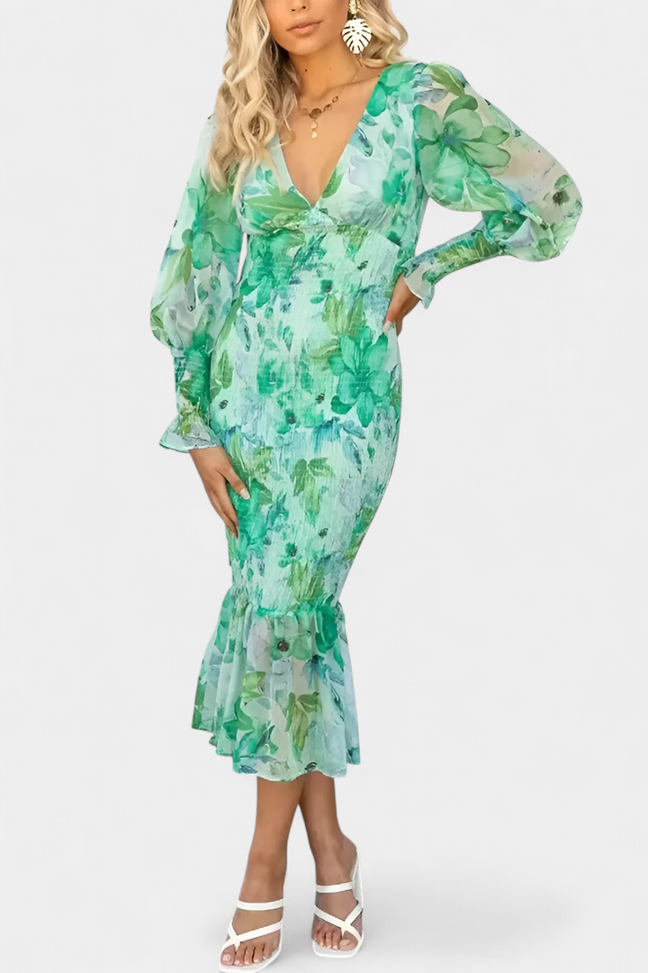 Carly Vestito Floreale con Cintura Arricciata e Maniche Lunghe