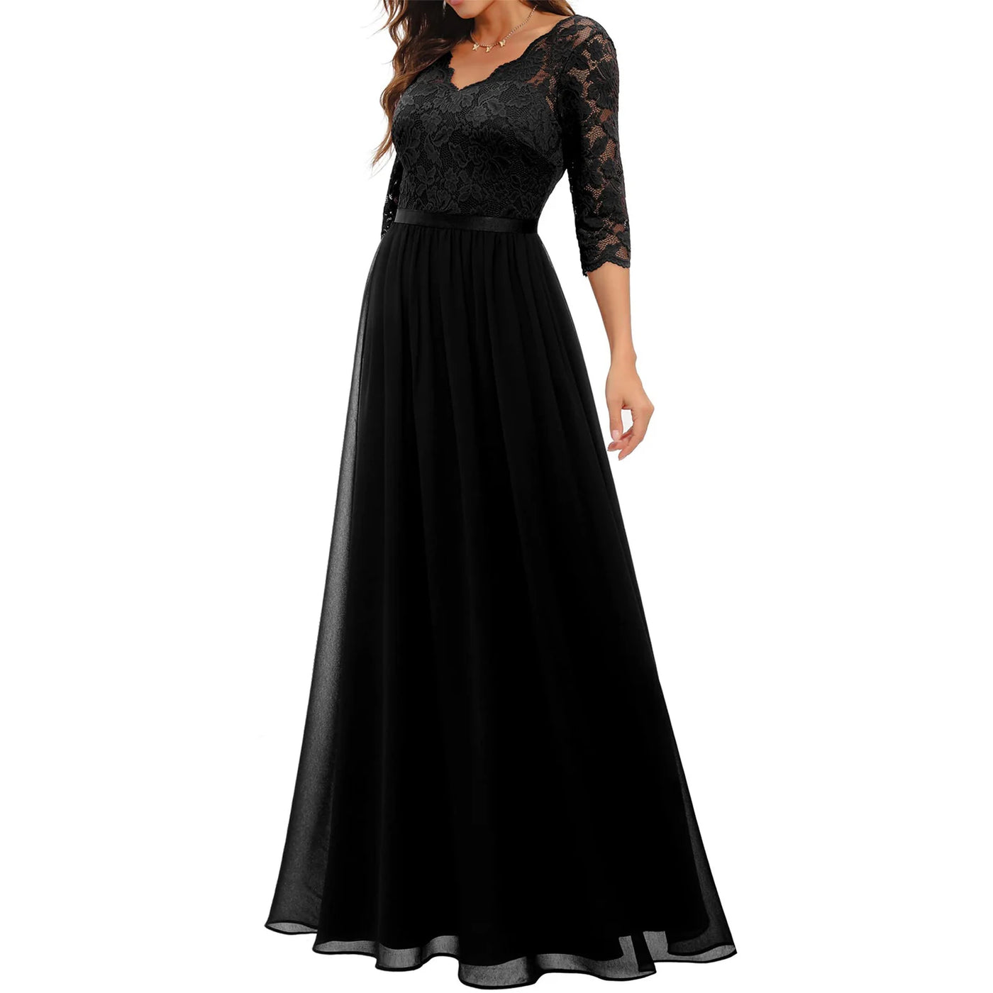 Women's Solid Color A-line Slim Spring And Fall Casual Dress Patchwork Lace V-neck Mid-Sleeve Backless Long Dress