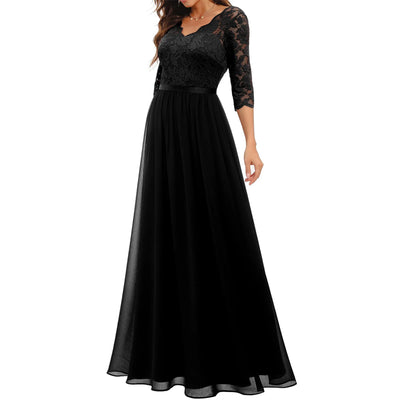 Women's Solid Color A-line Slim Spring And Fall Casual Dress Patchwork Lace V-neck Mid-Sleeve Backless Long Dress