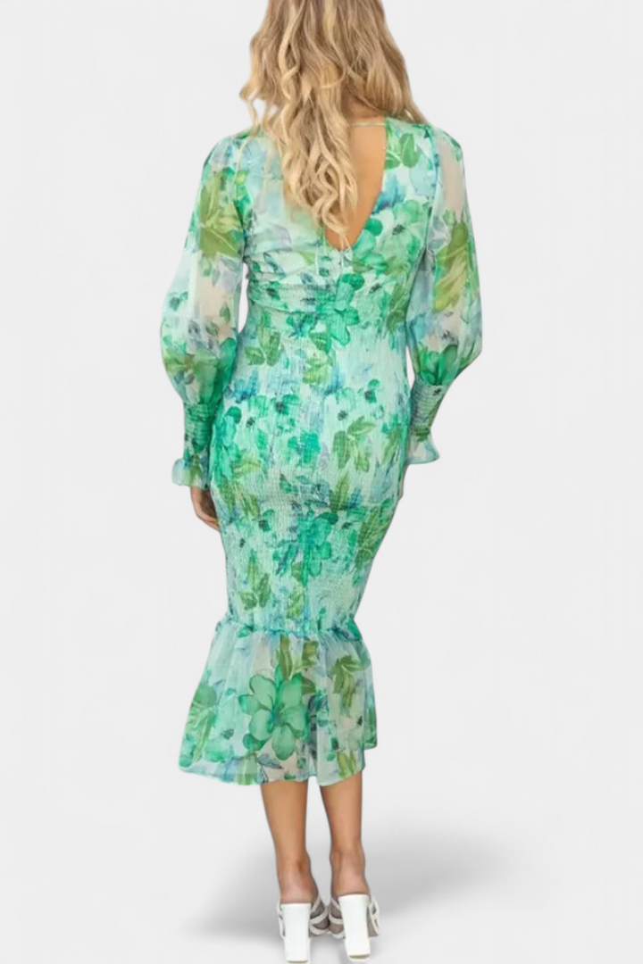 Carly Vestito Floreale con Cintura Arricciata e Maniche Lunghe