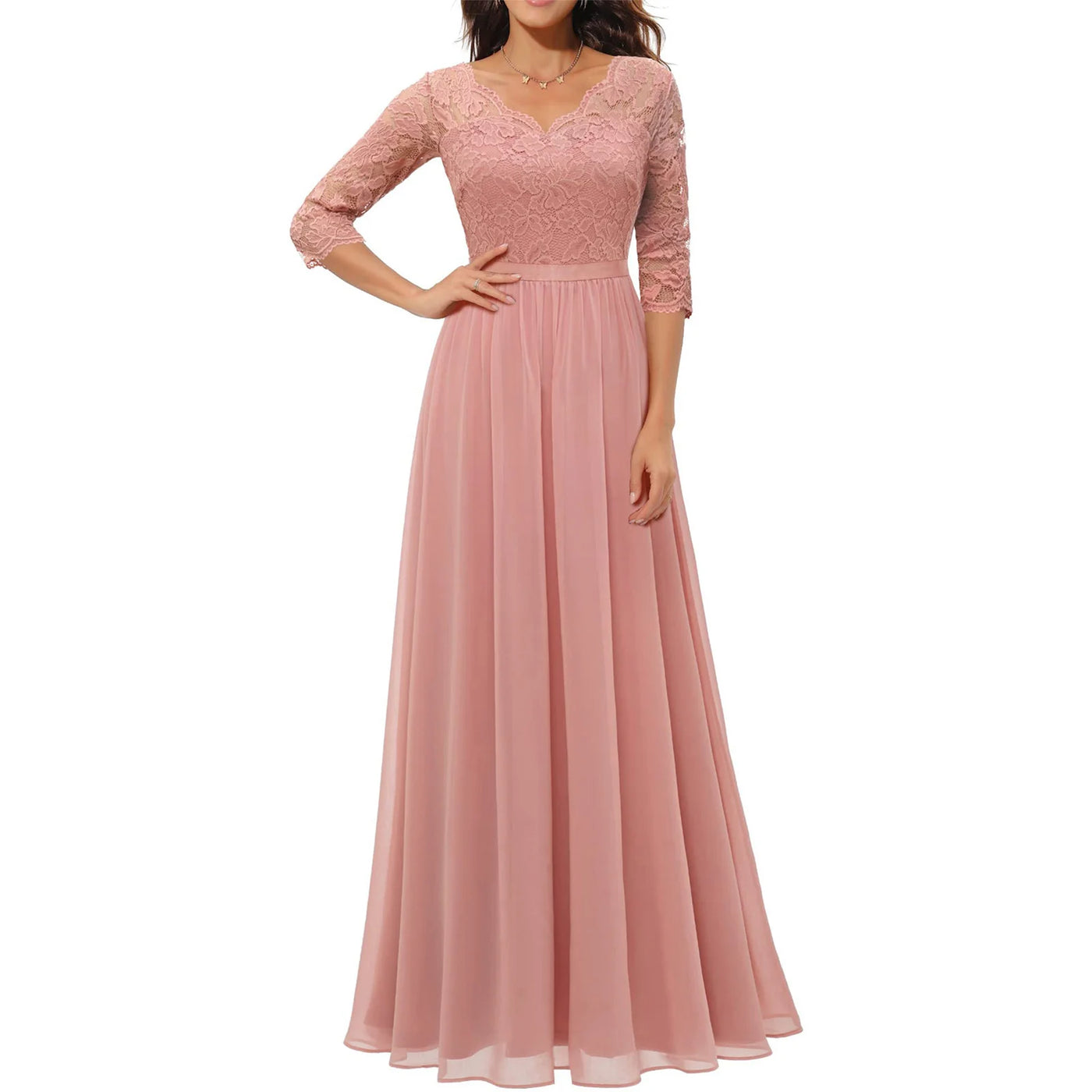 Women's Solid Color A-line Slim Spring And Fall Casual Dress Patchwork Lace V-neck Mid-Sleeve Backless Long Dress