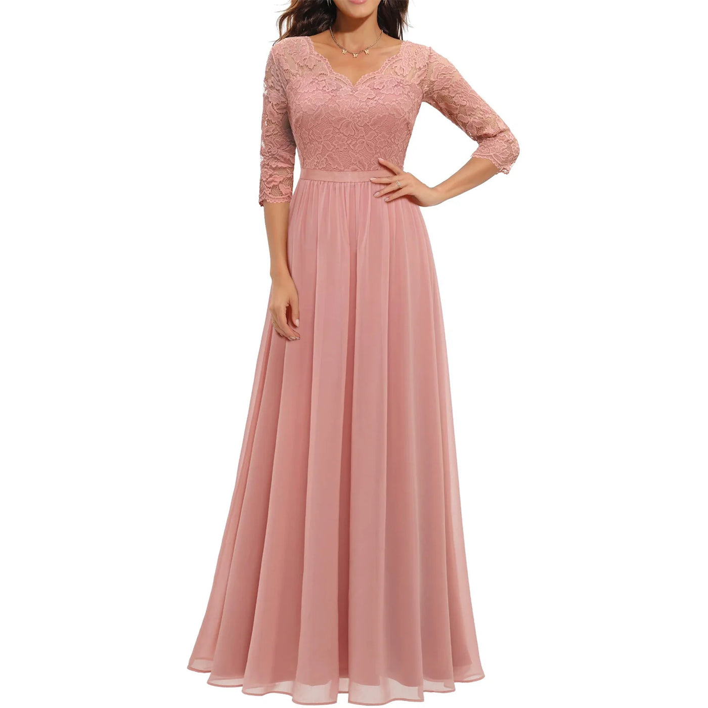 Women's Solid Color A-line Slim Spring And Fall Casual Dress Patchwork Lace V-neck Mid-Sleeve Backless Long Dress