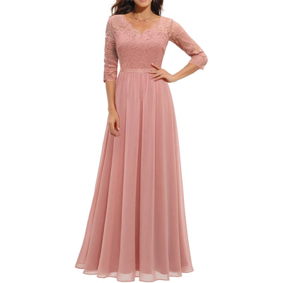 Women's Solid Color A-line Slim Spring And Fall Casual Dress Patchwork Lace V-neck Mid-Sleeve Backless Long Dress