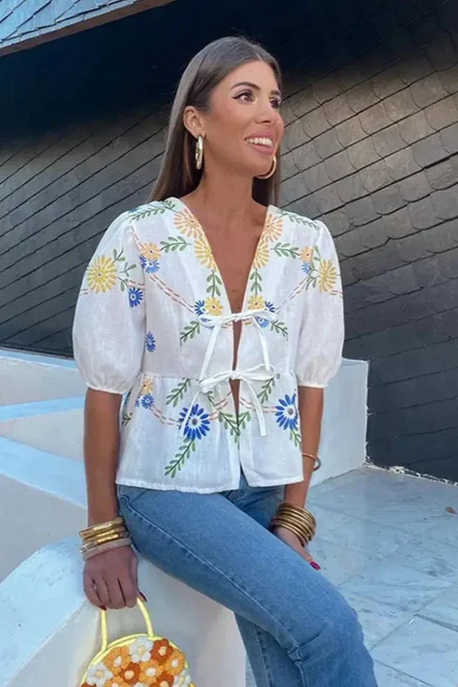 Sofia™ | Blusa Peplum con Motivo Floreale e Fiocco