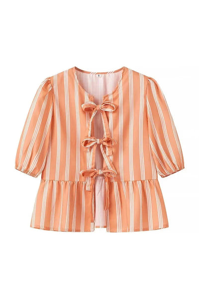 Sofia™ | Blusa a righe con maniche a sbuffo, peplum e fiocchetti