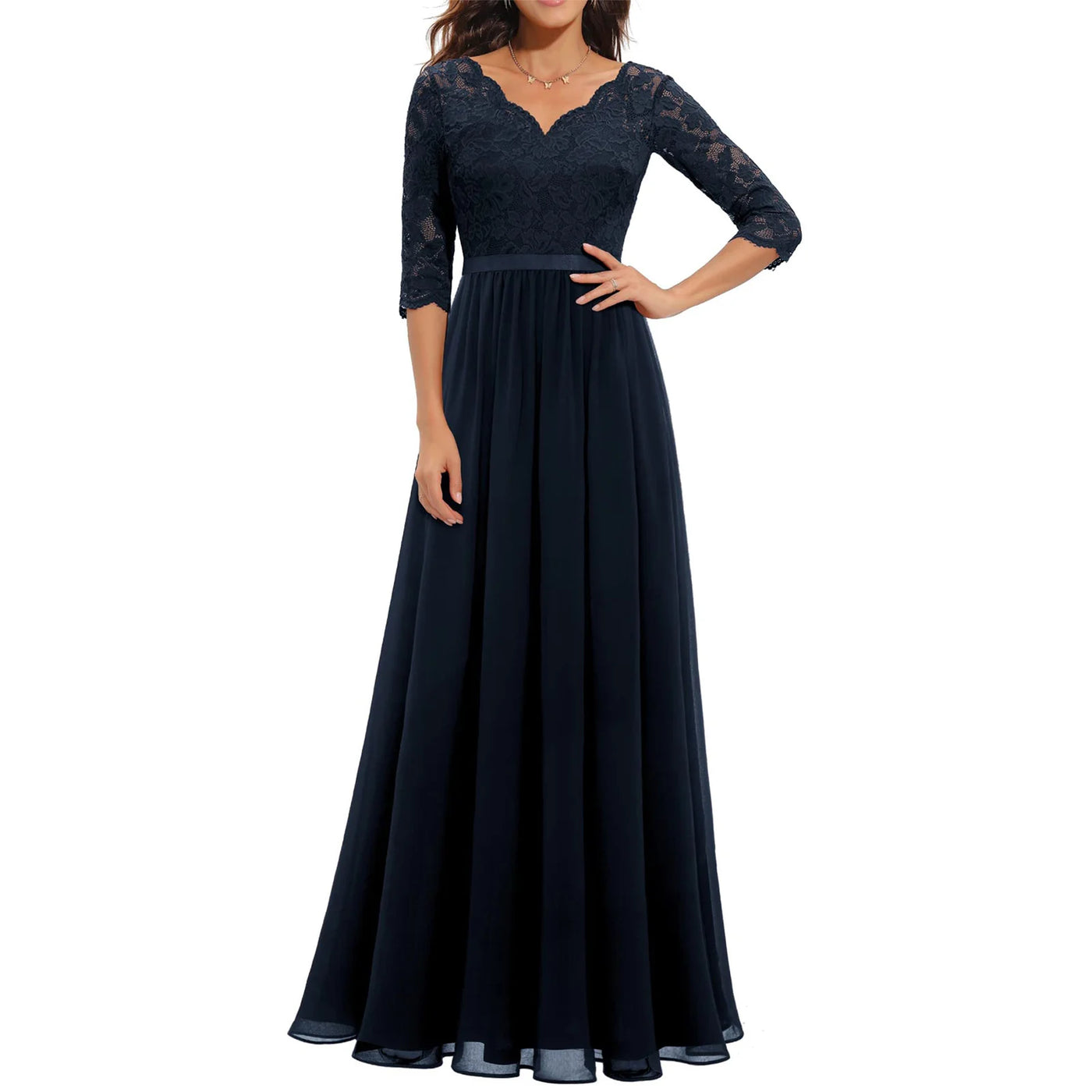 Women's Solid Color A-line Slim Spring And Fall Casual Dress Patchwork Lace V-neck Mid-Sleeve Backless Long Dress