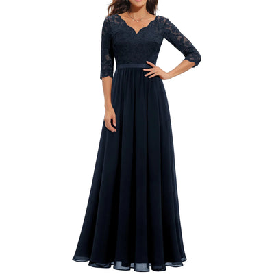 Women's Solid Color A-line Slim Spring And Fall Casual Dress Patchwork Lace V-neck Mid-Sleeve Backless Long Dress