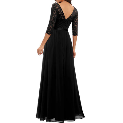 Women's Solid Color A-line Slim Spring And Fall Casual Dress Patchwork Lace V-neck Mid-Sleeve Backless Long Dress