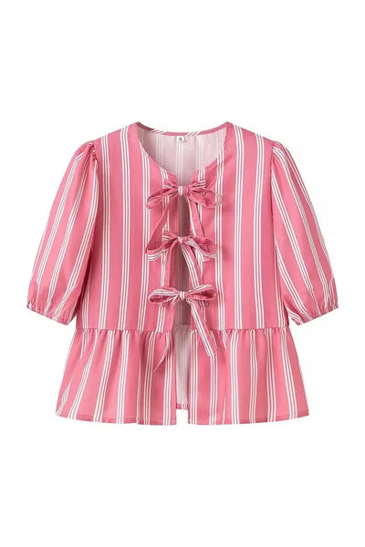 Sofia™ | Blusa a righe con maniche a sbuffo, peplum e fiocchetti