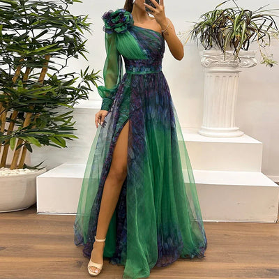 Judith - Maxi Dress in Stile Trendy con Spalla Scoperta e Stampa in Rete