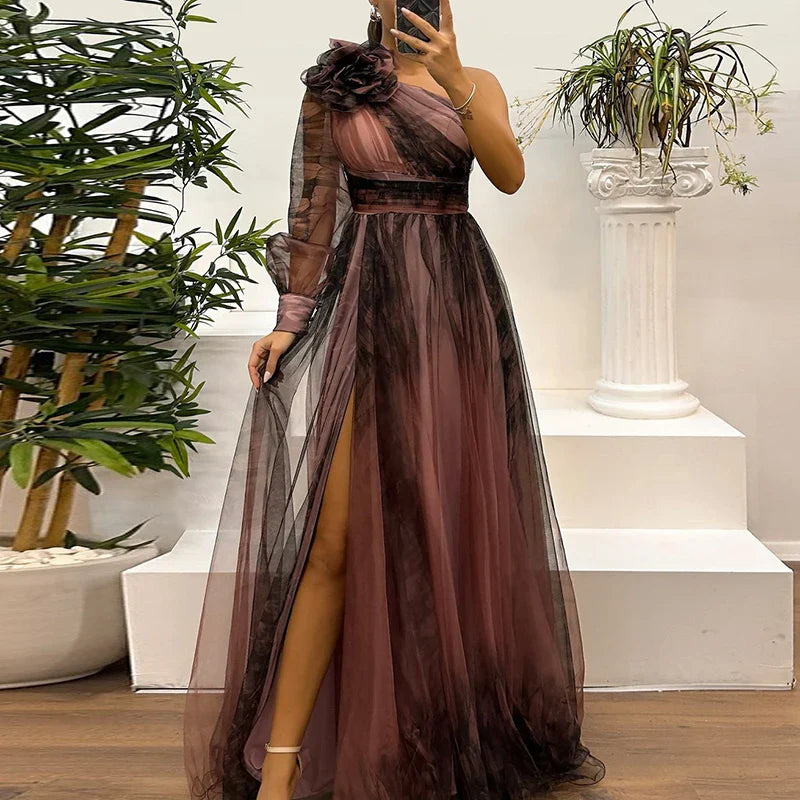 Judith - Vestito Maxi in Rete Stampato con Spalla Scoperta alla Moda