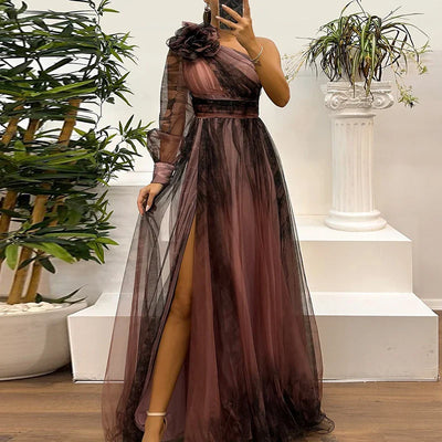 Judith - Maxi Dress in Stile Trendy con Spalla Scoperta e Stampa in Rete