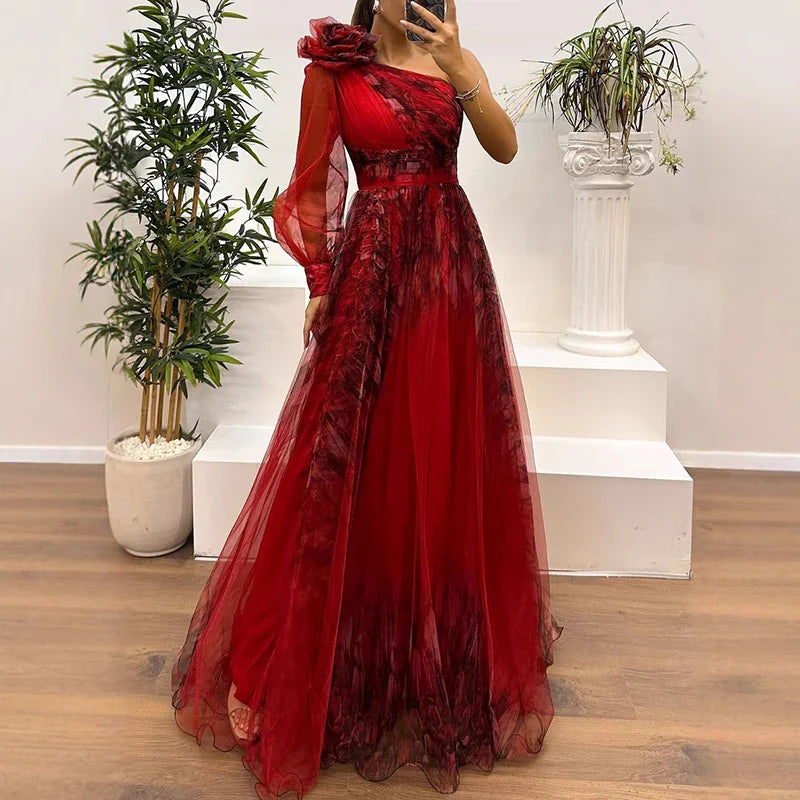 Judith - Vestito Maxi in Rete Stampato con Spalla Scoperta alla Moda
