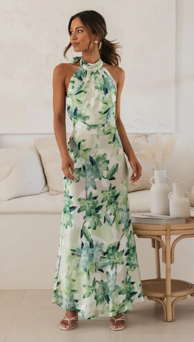 Giulia – Abito Lungo Floreale con Collo Halter