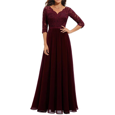 Women's Solid Color A-line Slim Spring And Fall Casual Dress Patchwork Lace V-neck Mid-Sleeve Backless Long Dress