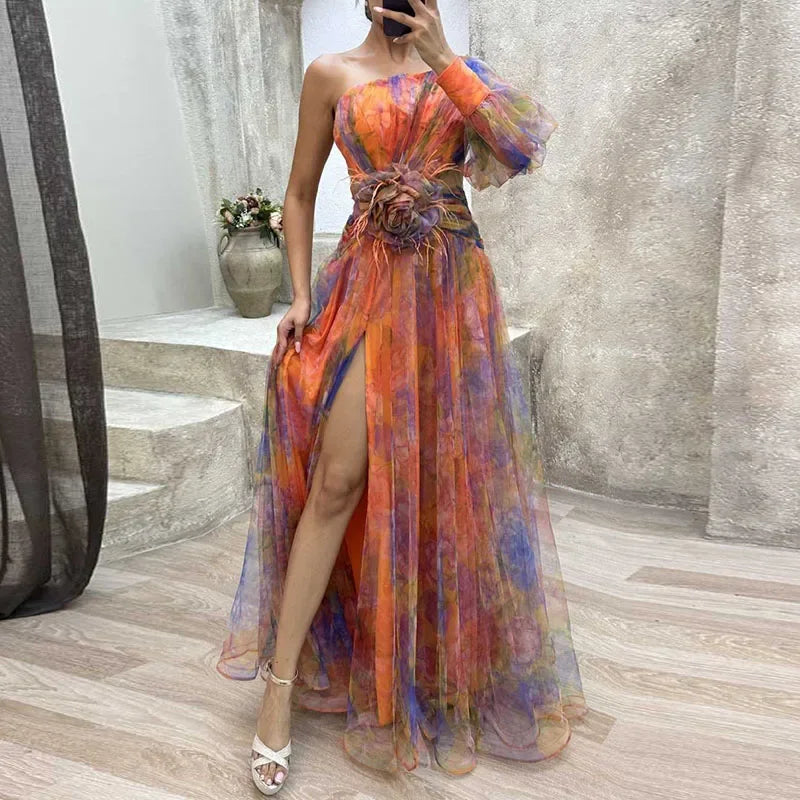 Viviana – Maxi Abito Artistico con Spacco Elegante