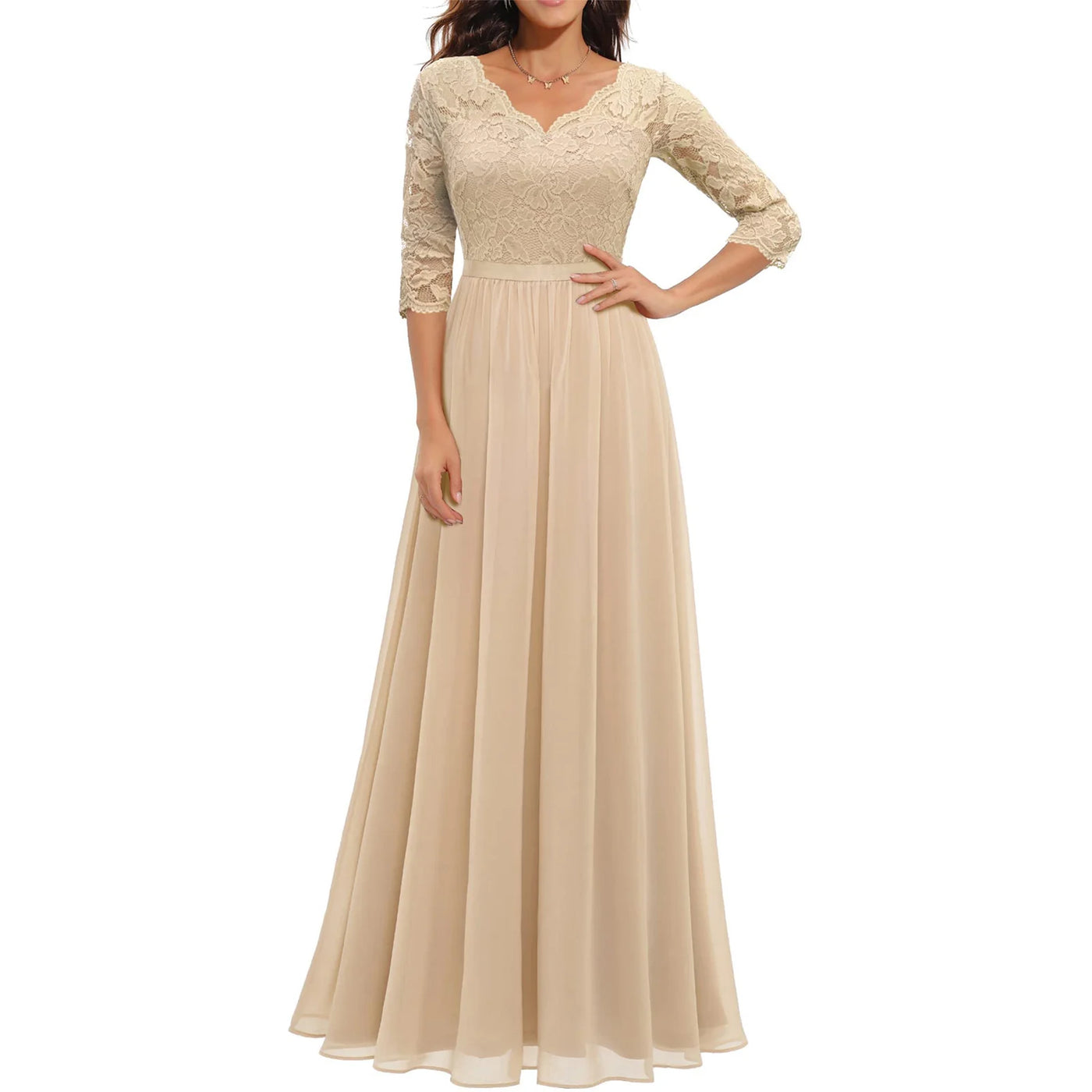Women's Solid Color A-line Slim Spring And Fall Casual Dress Patchwork Lace V-neck Mid-Sleeve Backless Long Dress