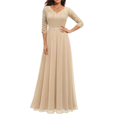 Women's Solid Color A-line Slim Spring And Fall Casual Dress Patchwork Lace V-neck Mid-Sleeve Backless Long Dress