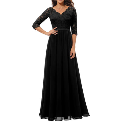 Women's Solid Color A-line Slim Spring And Fall Casual Dress Patchwork Lace V-neck Mid-Sleeve Backless Long Dress