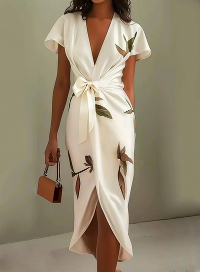 Sofia™ -Abito midi elegante in raso bianco con maniche corte e nodo laterale