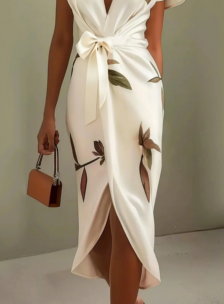 Sofia™ -Abito midi elegante in raso bianco con maniche corte e nodo laterale