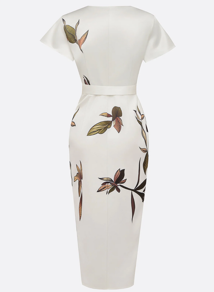 Sofia™ -Abito midi elegante in raso bianco con maniche corte e nodo laterale