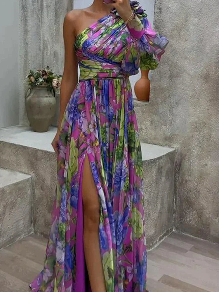 Allegra | Abito Floreale Asimmetrico dai Colori Vivaci