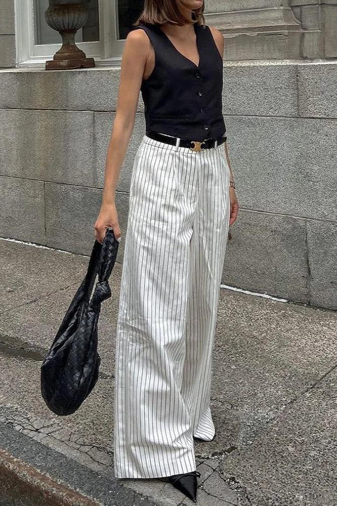 Sofia™ | Pantaloni a gamba larga con tasche a righe, senza cintura