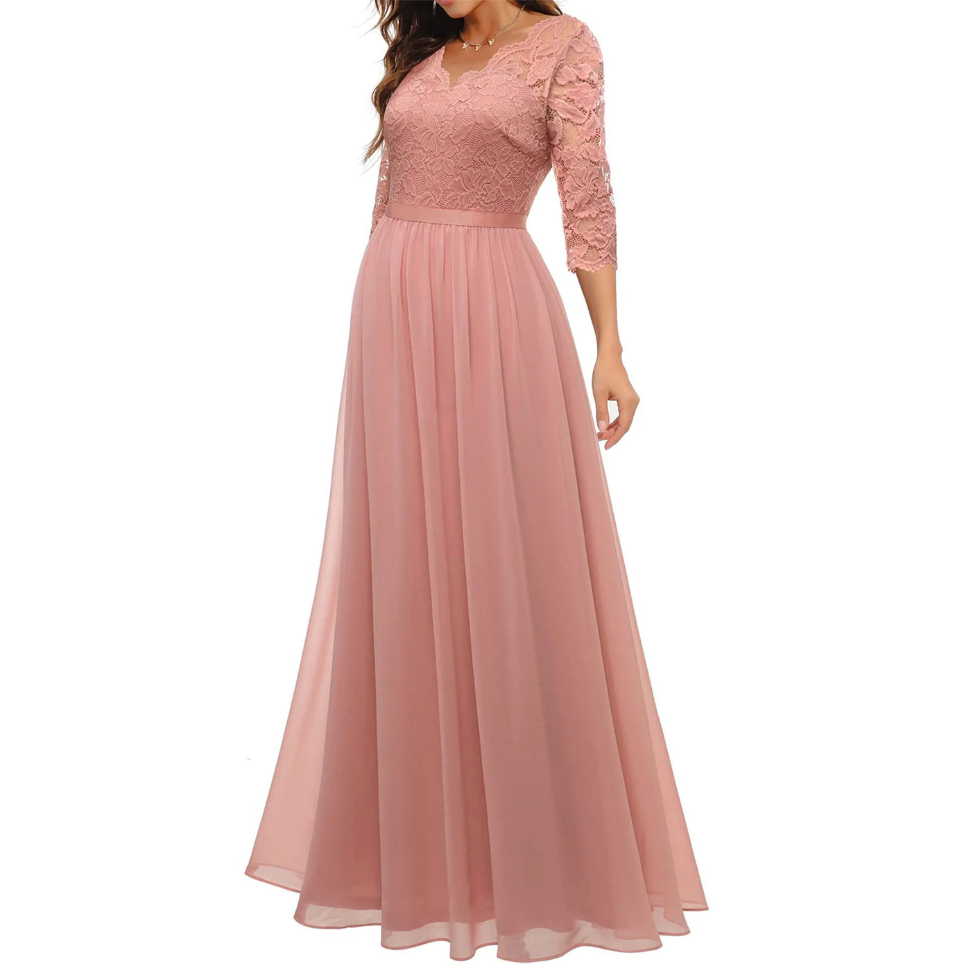 Women's Solid Color A-line Slim Spring And Fall Casual Dress Patchwork Lace V-neck Mid-Sleeve Backless Long Dress
