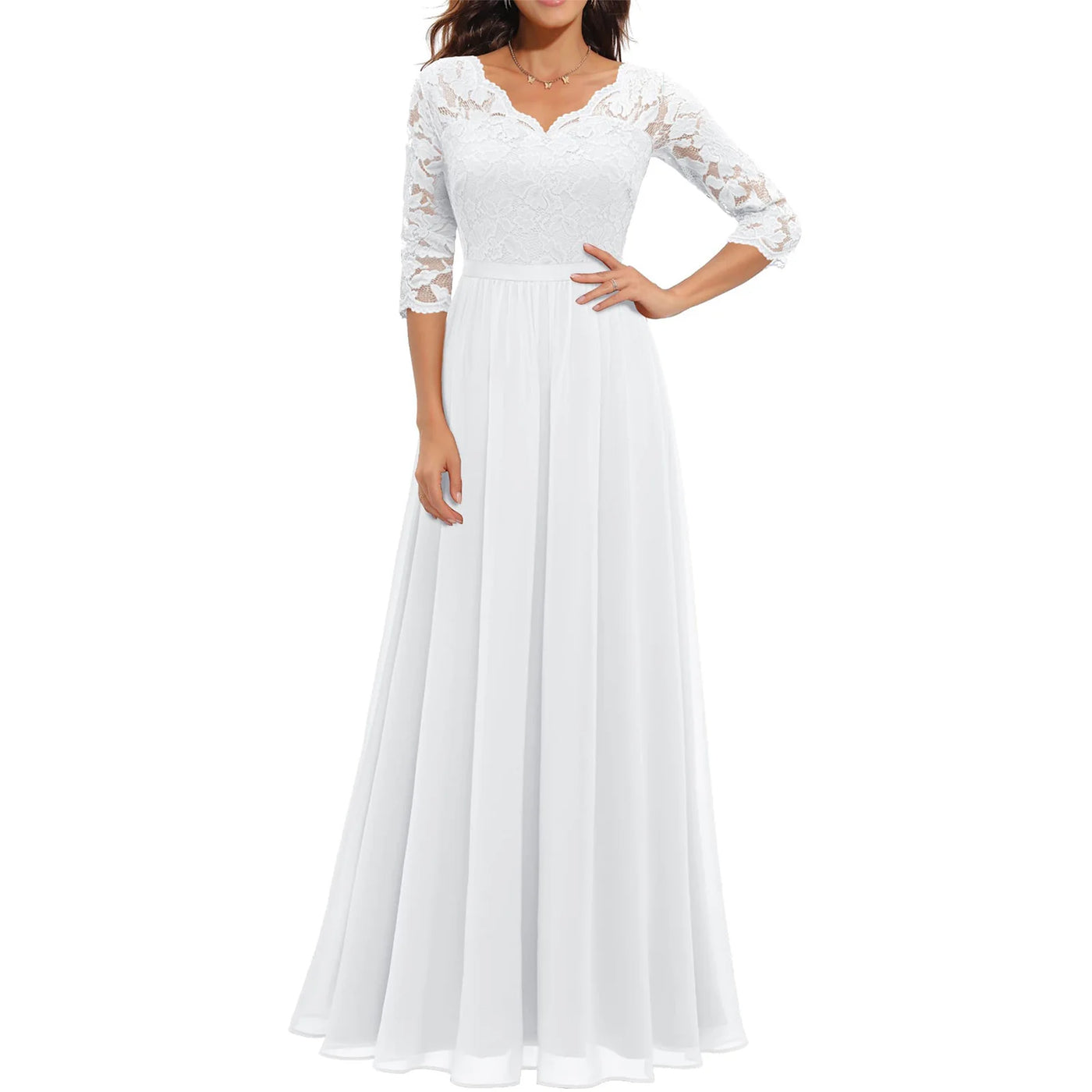 Women's Solid Color A-line Slim Spring And Fall Casual Dress Patchwork Lace V-neck Mid-Sleeve Backless Long Dress