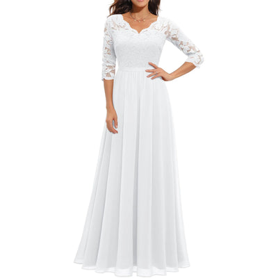Women's Solid Color A-line Slim Spring And Fall Casual Dress Patchwork Lace V-neck Mid-Sleeve Backless Long Dress