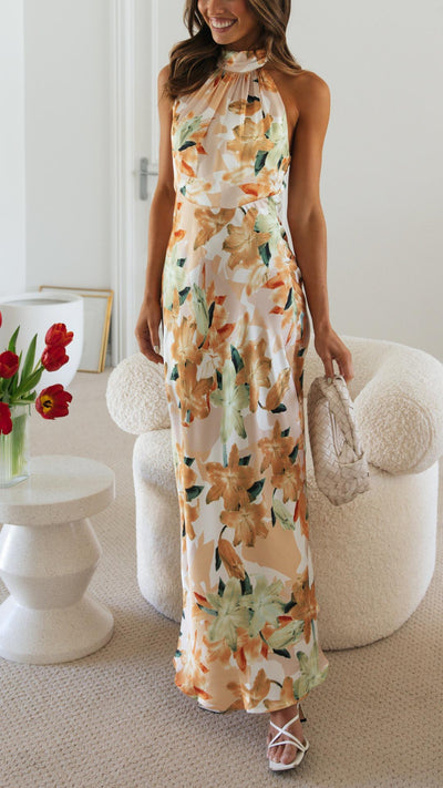 Shannon | Abito Maxi Floral con Scollo Halter