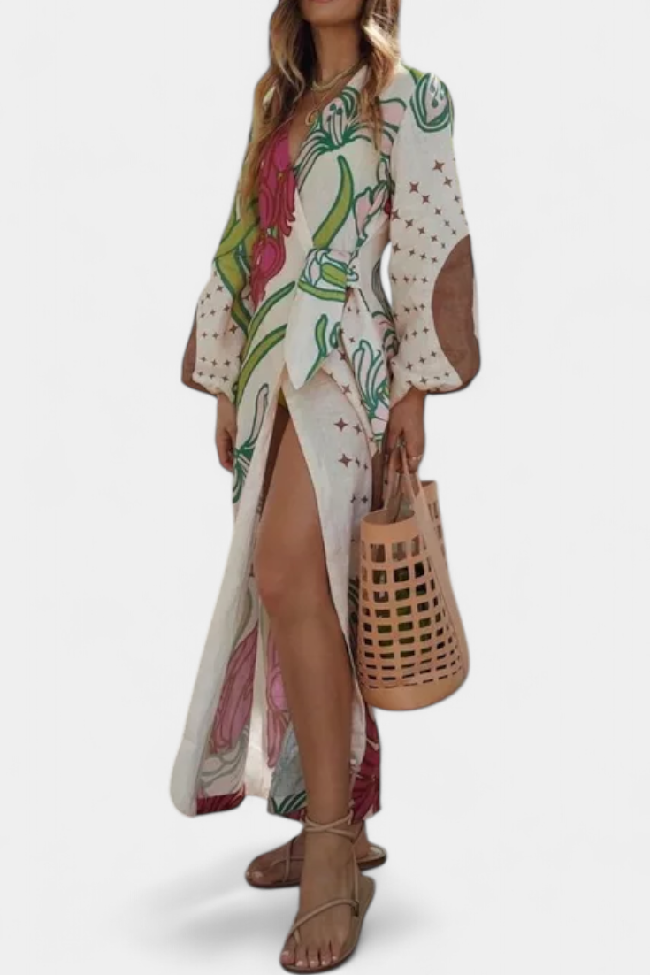 Fana Vestito Incrociato Stampato Floreale con Fiocco in Vita