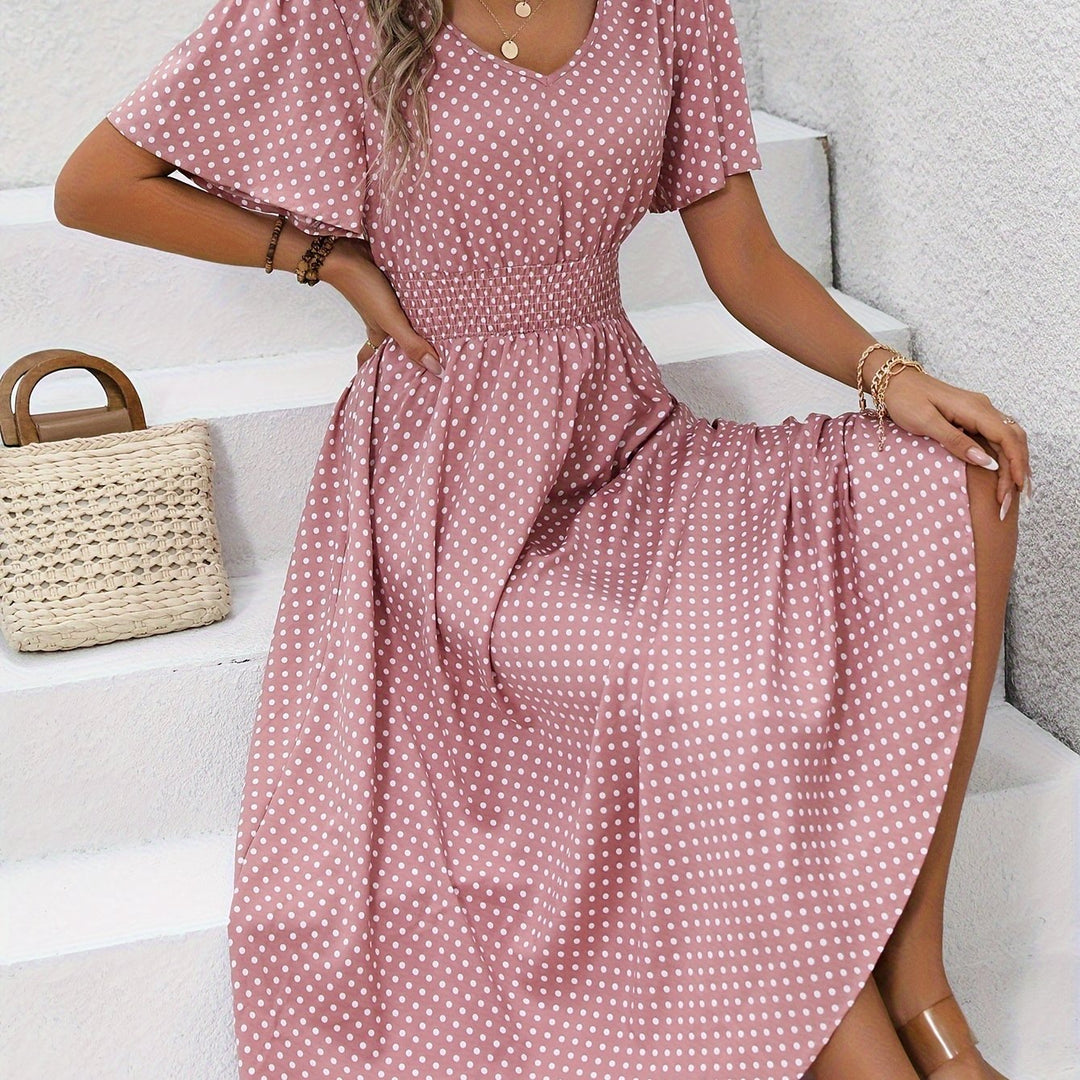 Chic Pink Polka Dot Midi Dress for Women - Casual V-Neck, Ruffle Sleeves, Cinched Waist Design, Lightweight Polyester, Perfect for Spring/Summer, Machine Washable