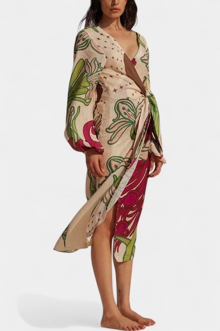 Fana Vestito Incrociato Stampato Floreale con Fiocco in Vita