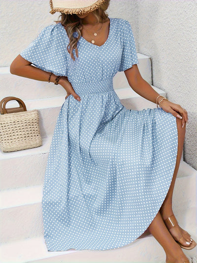 Chic Pink Polka Dot Midi Dress for Women - Casual V-Neck, Ruffle Sleeves, Cinched Waist Design, Lightweight Polyester, Perfect for Spring/Summer, Machine Washable