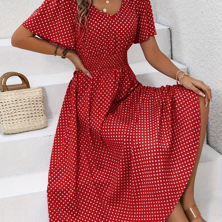 Chic Pink Polka Dot Midi Dress for Women - Casual V-Neck, Ruffle Sleeves, Cinched Waist Design, Lightweight Polyester, Perfect for Spring/Summer, Machine Washable