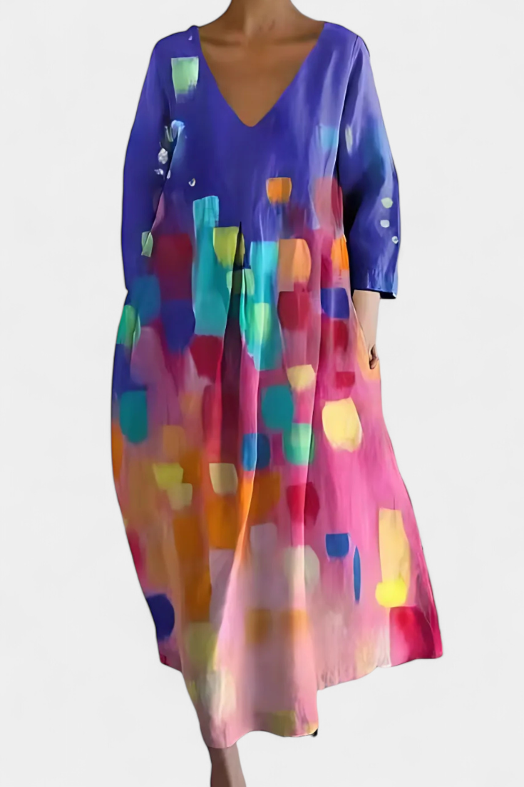 Anne Vestito Lungo Colorato con Scollatura a V