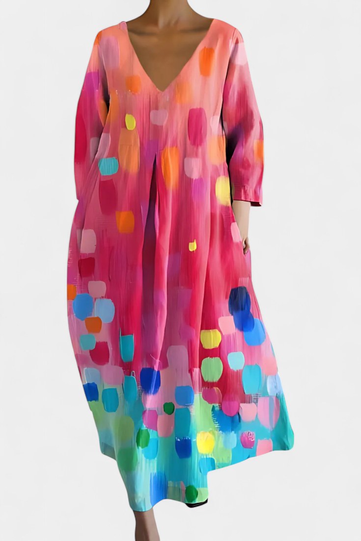 Anne Vestito Lungo Colorato con Scollatura a V