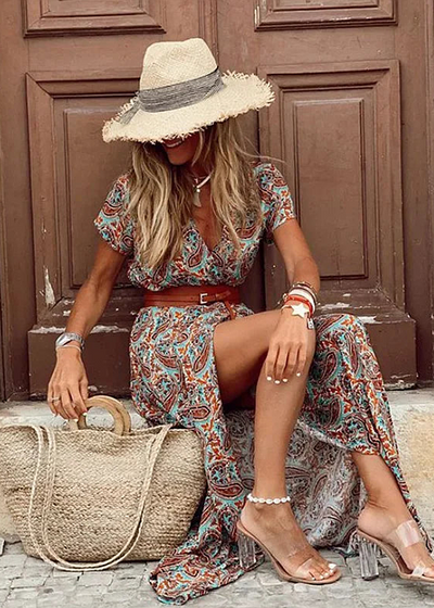Drina | Vestito lungo bohemien con vita arricciata