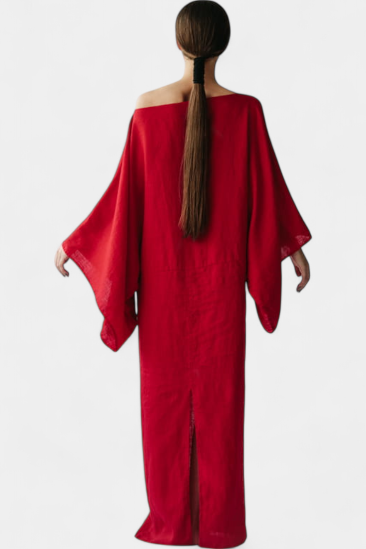 Kamilia Vestito Kimono in Lino Cremisi