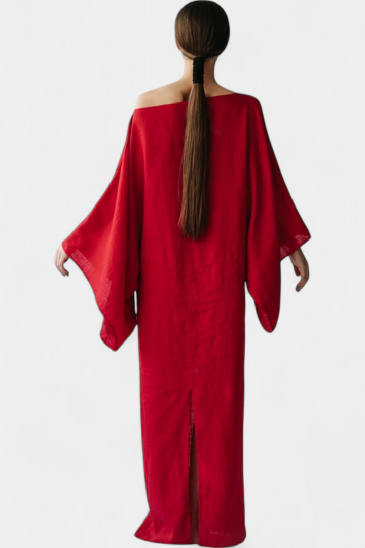 Kamilia Vestito Kimono in Lino Cremisi