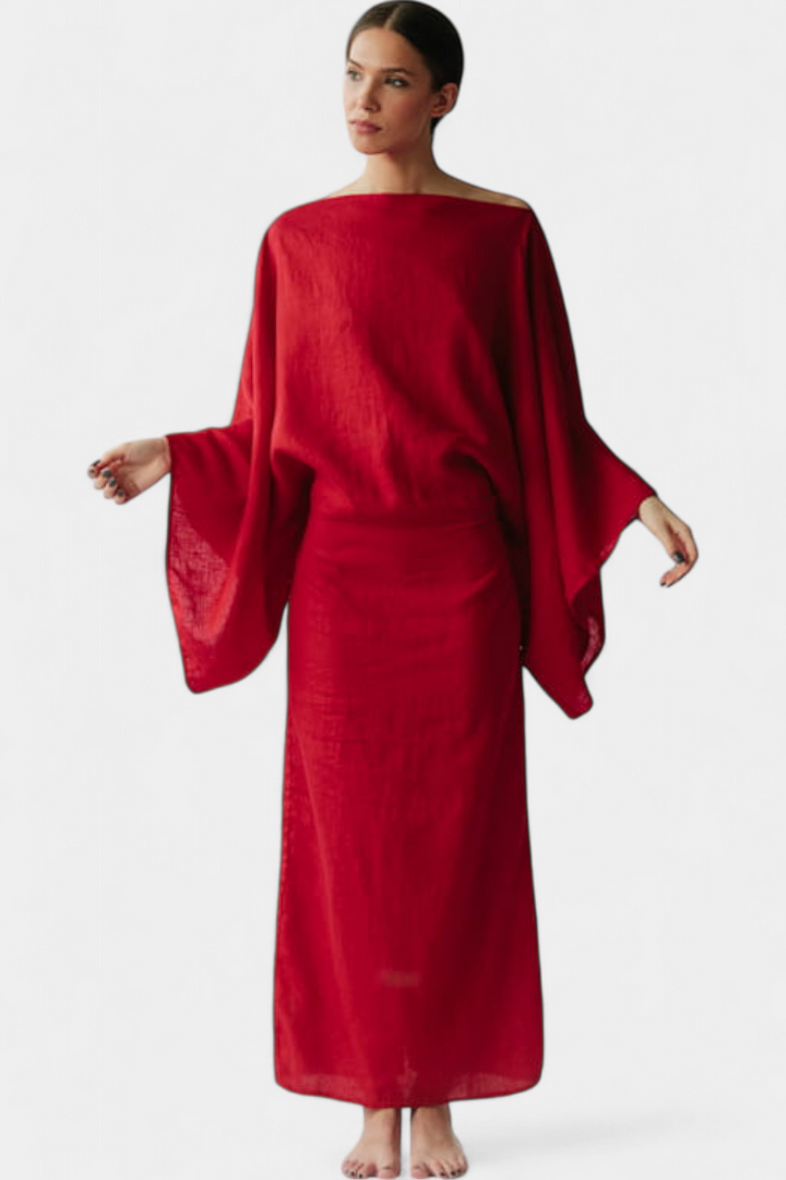 Kamilia Vestito Kimono in Lino Cremisi