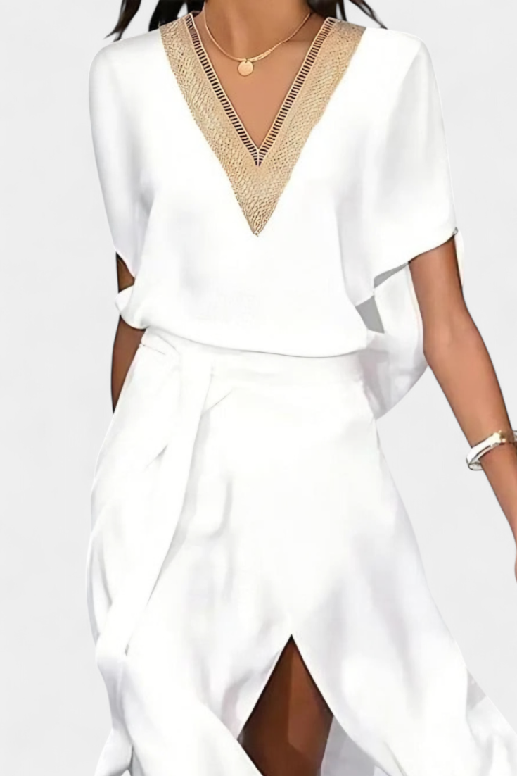 Effie Vestito Midi Bianco con Scollatura a V Ricamata