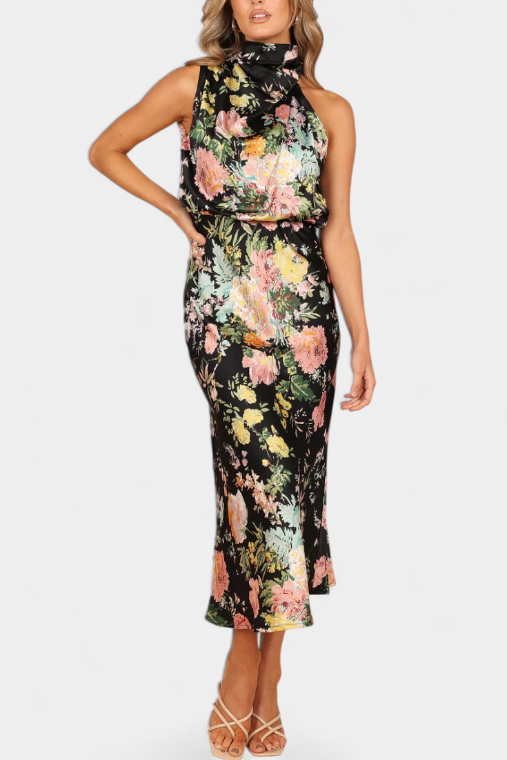 Lisa Abito Maxi Floreale con Collo Halter e Vita Elastica