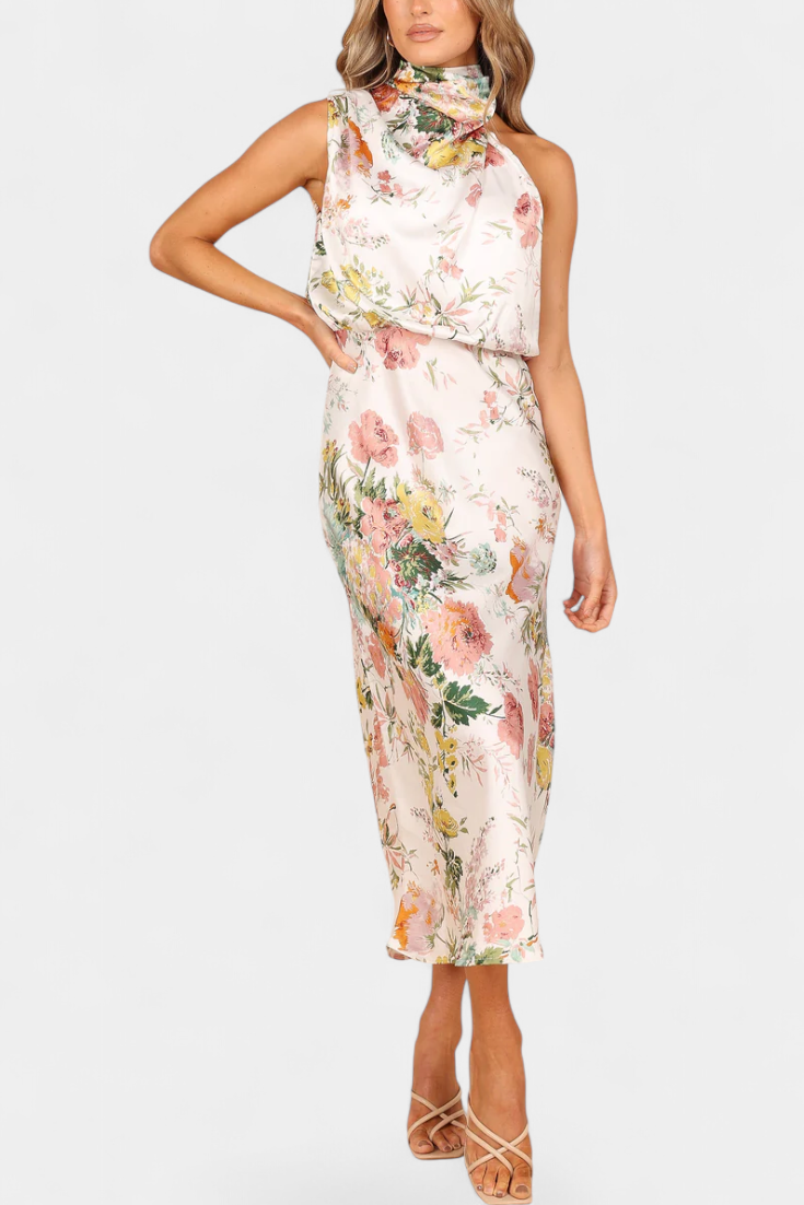 Lisa Abito Maxi Floreale con Collo Halter e Vita Elastica