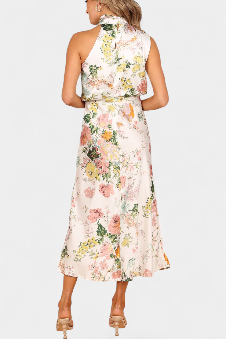 Lisa Abito Maxi Floreale con Collo Halter e Vita Elastica