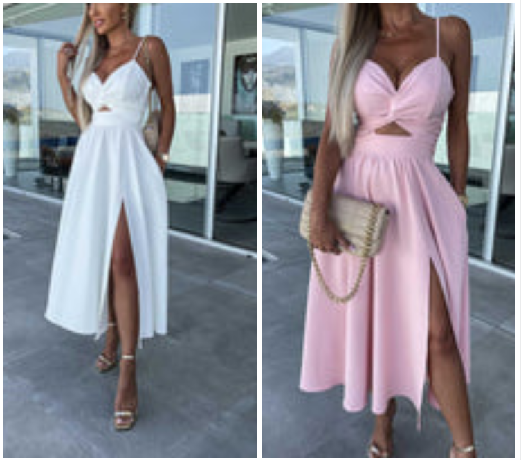 Vanette - Elegante Vestito Midi con Spalline e Spacco Frontale