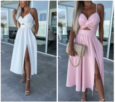 Vanette - Elegante Vestito Midi con Spalline e Spacco Frontale