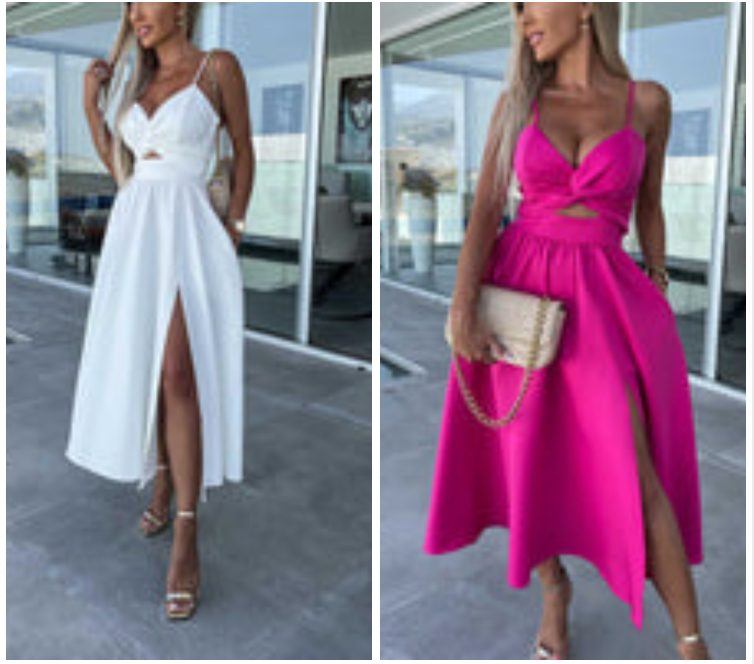 Vanette - Elegante Abito Midi con Spalline e Spacco Frontale